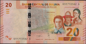 Bolivian Currency 20 Bolivianos banknote 2018 National Heroes - Genoveva Ríos, Tomás Katari and Pedro Ignacio Muiba