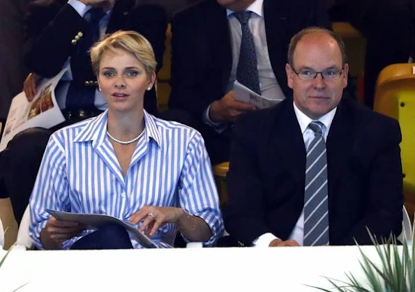 Prince Albert II and Princess Charlene attends the 34th International Swimming Meeting Mare Nostrum in Monte Carlo, Monaco. Princess Charlene of Style, Fashions