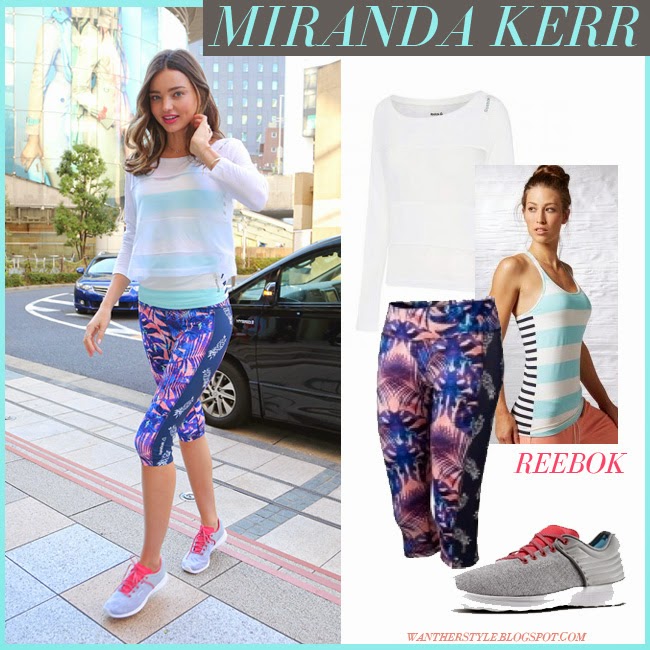 WHAT SHE WORE: Miranda Kerr in white mint purple and blue print pants and grey and pink Reebok Skyscape Fuse sneakers in Tokyo April 2015 ~ I want her
