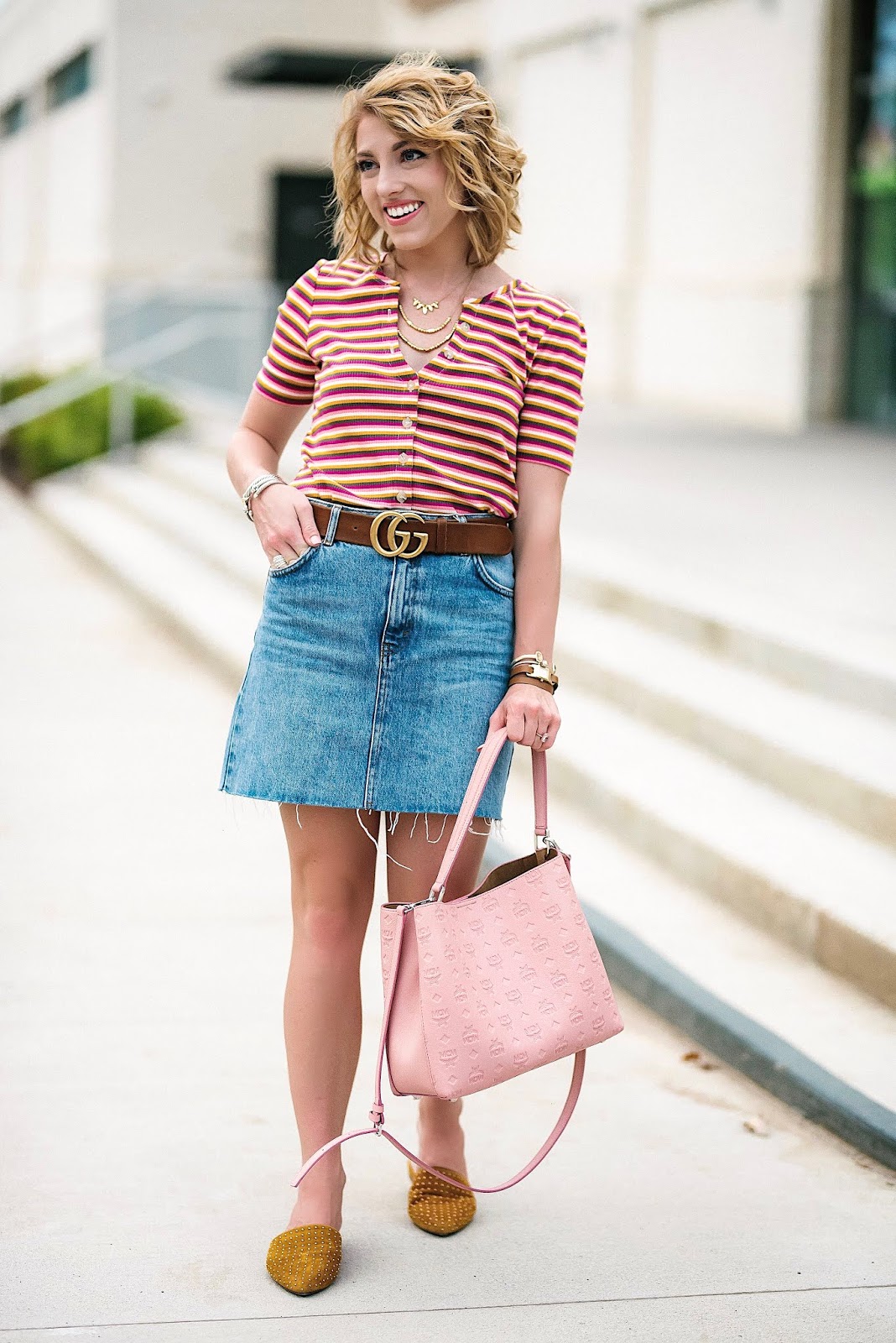 The Perfect Transition to Fall Look: Denim Skirt + Striped Sweater and Mules (All under $100) - Something Delightful Blog