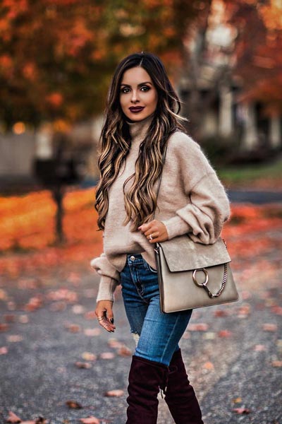 30+ Sexy Fall Outfits Guaranteed To Get You Noticed | Fine Knit Sweater + Slim Fit Jeans + Over Knee Boots + Chloe Leather Bag