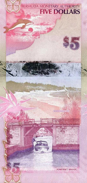 Bermuda money currency 5 Dollars banknote 2009 Horseshoe Bay Beach and Somerset Bridge