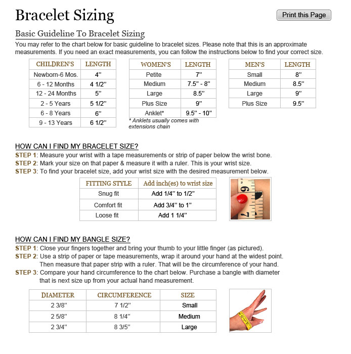 Bracelet Wire Galleries: Bracelet Size Chart