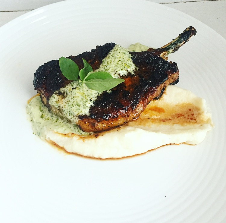 Ancho Chili Pork Chop with Lime Basil Cream Sauce & Garlic Mashed Potatoes