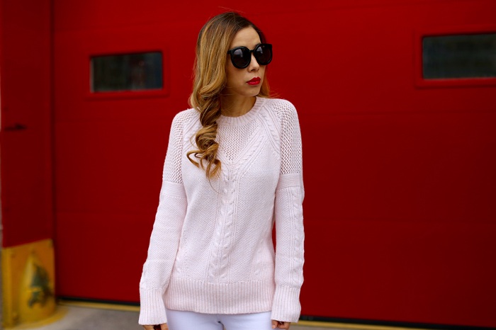 Banana republic pink blush mesh mixed knit pullover, its banana, louis vuitton bag, pink coat, asos Ridley Skinny Ankle Grazer Jeans in White With Rip and Destroy Busts, steve madden gorgeous over the knee boots, kendra sccott earrings, karen walker super duper sunglasses, fashion blog, nyc blogger, winter outfit, winter essentials