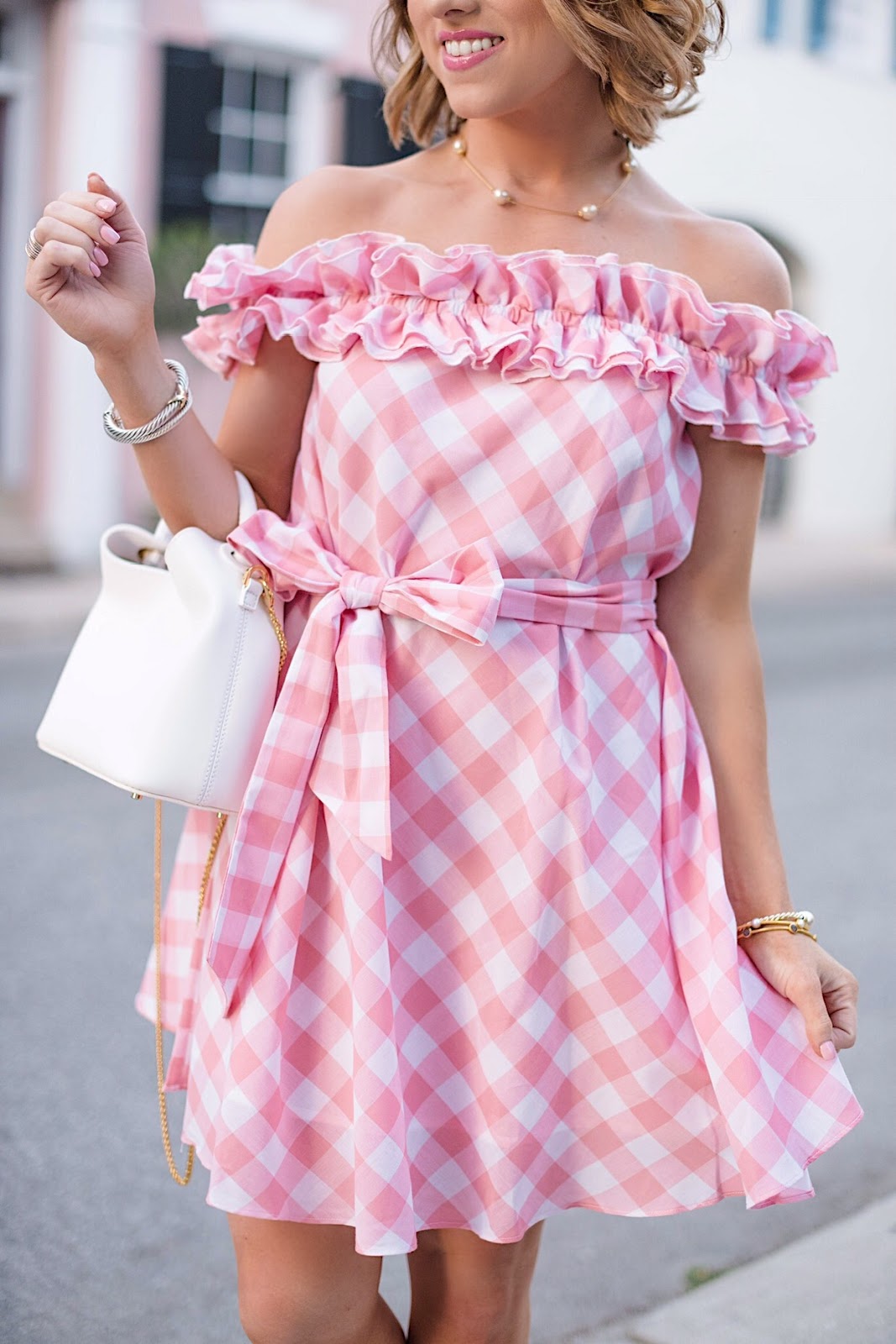 Pink Gingham Ruffle OTS Dress - Something Delightful Blog