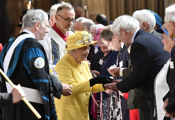 Queen Elizabeth II accompanied by Princess Eugenie of York, attended the Royal Maundy Service. Erdem Bernette floral print silk dress