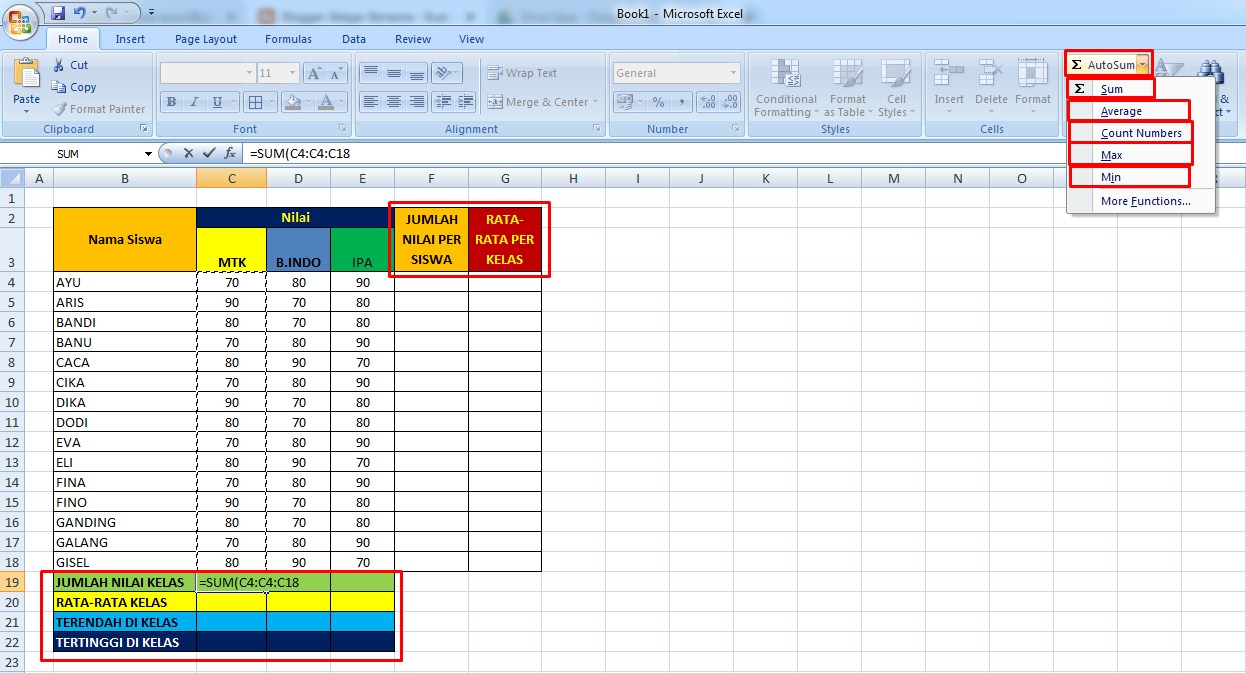 Belajar rumus excel SUM, COUNT, MIN, MAX, dan AVERAGE Media Powerpoint Tematik