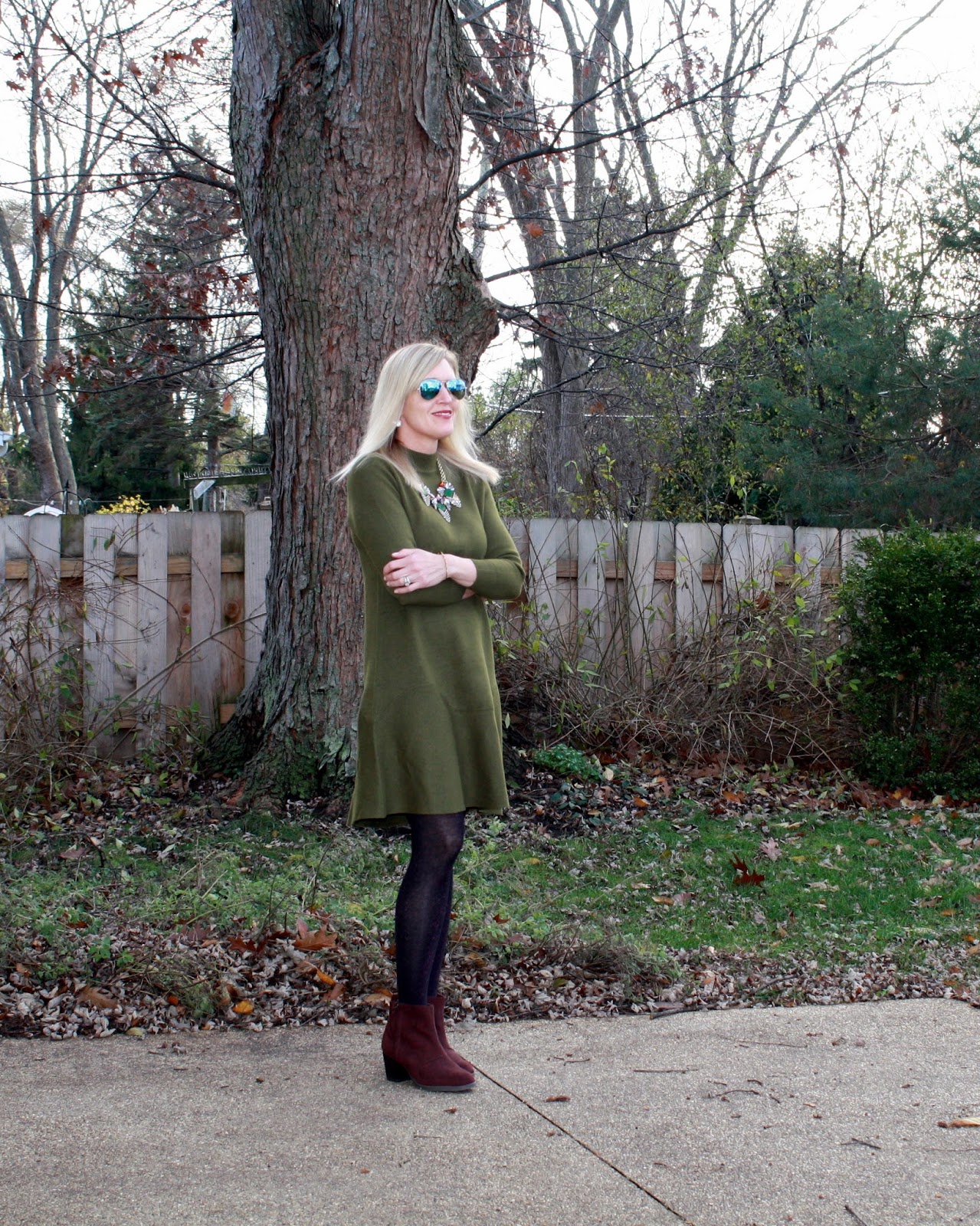 Olive Dress and Burgundy Booties - Doused in Pink