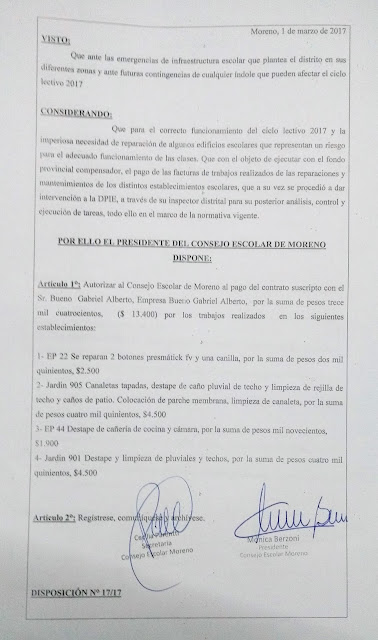 Disposición N° 17/17: Autorización de pago a la firma Bueno Gabriel Alberto por trabajos realizados en EP 22, Jardin 905, EP 44 y Jardin 901 Disposición N° 17/17: Autorización de pago a la firma Bueno Gabriel Alberto por trabajos realizados en EP 22, Jardin 905, EP 44 y Jardin 901