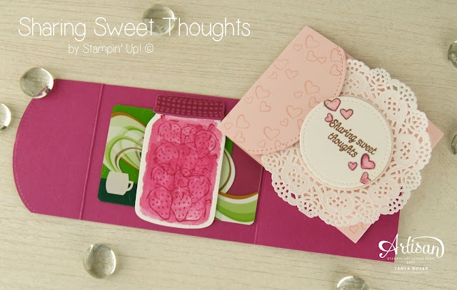 Sharing Sweet Thoughts from Stampin' Up! made some sweet gift card holders and watercolored butterflies! Those strawberries sure look delicious in Berry Burst too. Created by Tanya Boser for the Artisan Design Team blog hop.