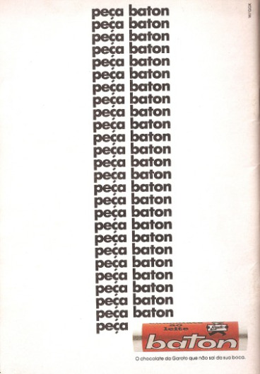 Propaganda do Chocolate Baton com o seu bordão capaz de hipnotizar qualquer consumidor: "Compre Baton" 