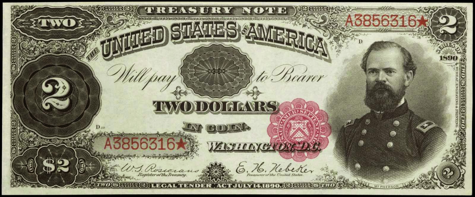 US currency 1890 Two Dollar Treasury or Coin Note