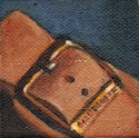 Small oil painting of a brass buckle on a brown leather sandal in front of a blue background.