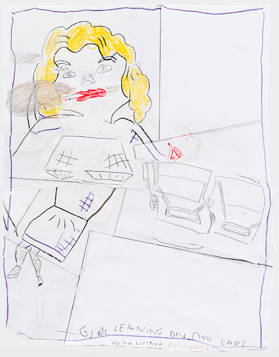 drawing Rose Wylie Girl Leaning on Two Cars with Lipstick, 2018 