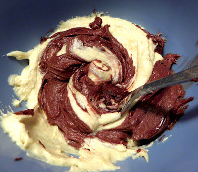 mixing chocolate into yellow batter, stage 2