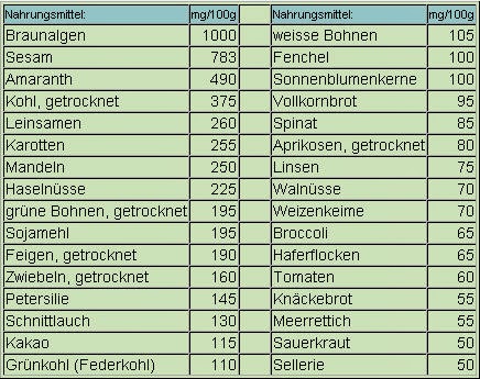 Tabelle 12: Kalziumgehalt der verschiedenen Nahrungsmittel
