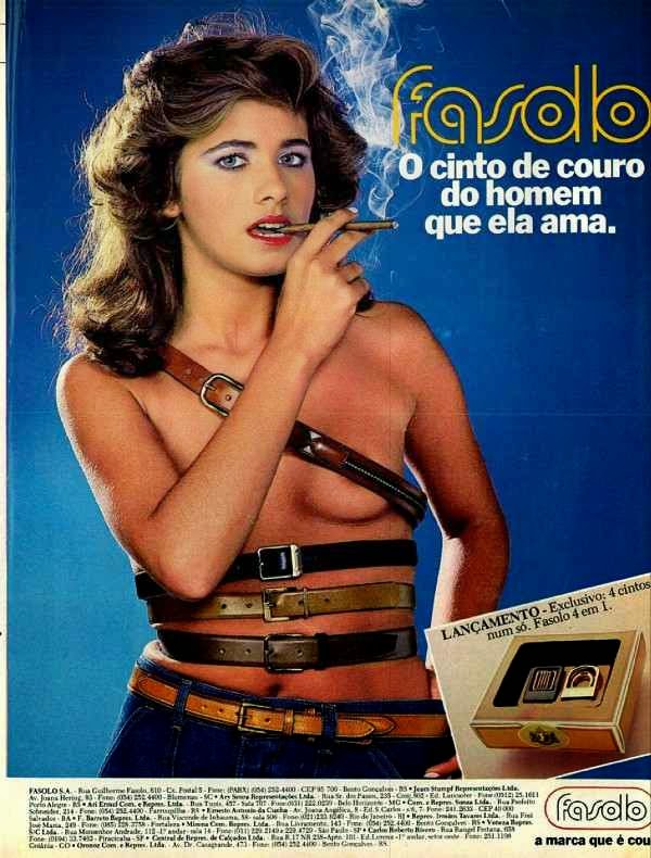 Propaganda dos Cintos Fasolo com uma mulher semi-nua, anos 80.