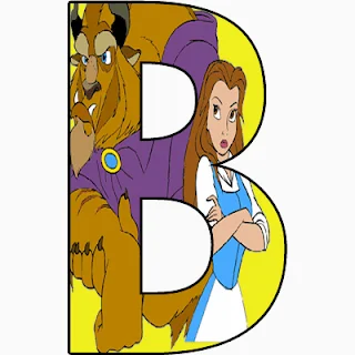 Alfabeto de personajes Disney con letras grandes B a Bella y la Bestia.