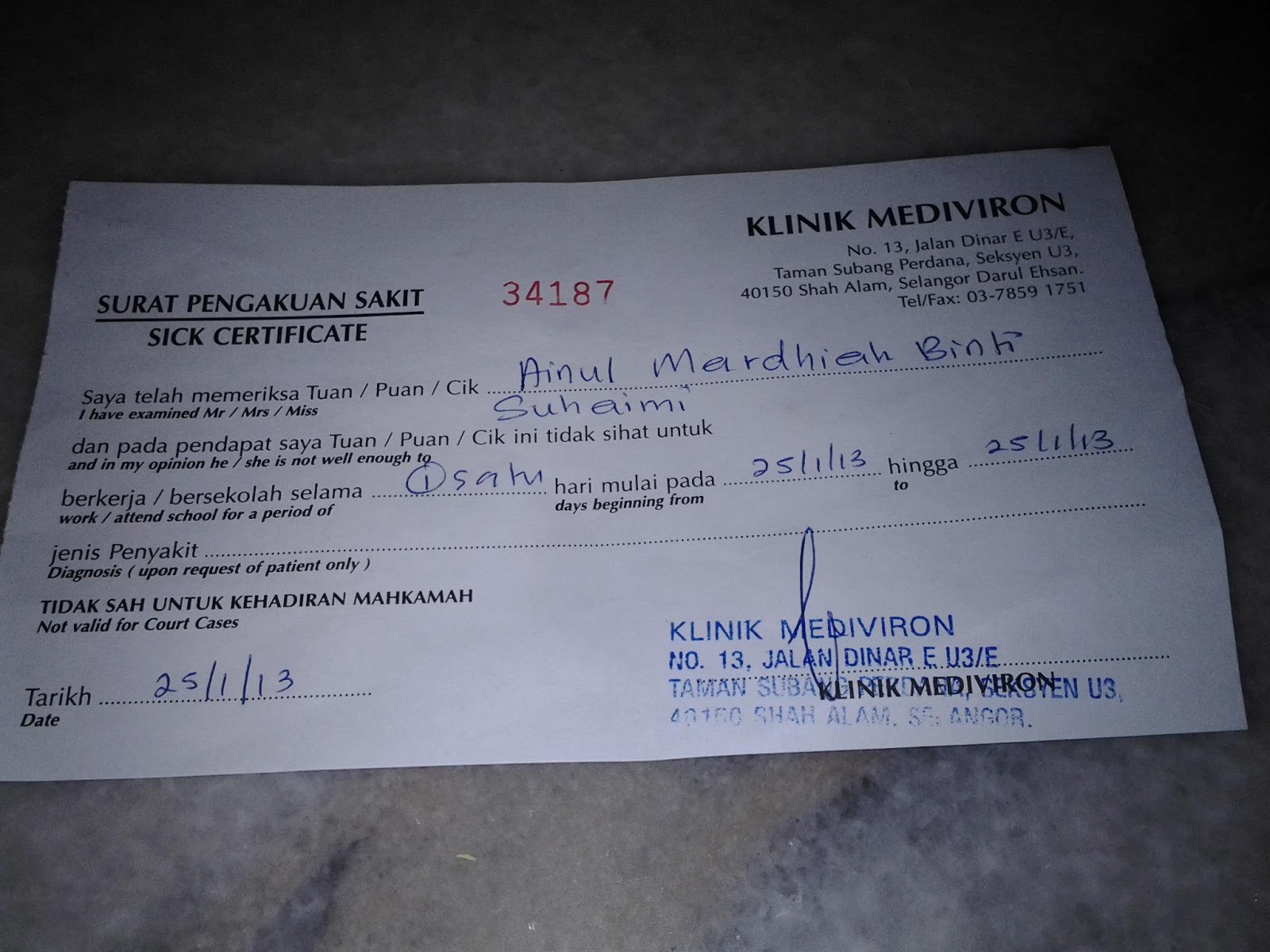 Contoh Surat Mc Klinik Kerajaan
