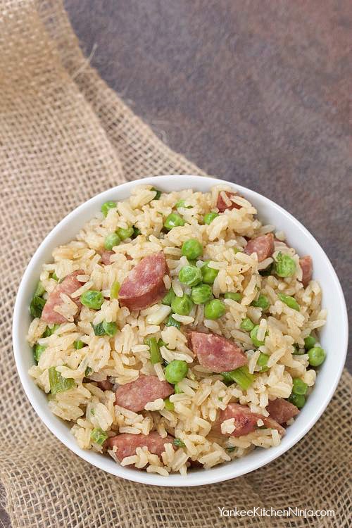 One pot kielbasa and rice with peas Yankee Kitchen Ninja