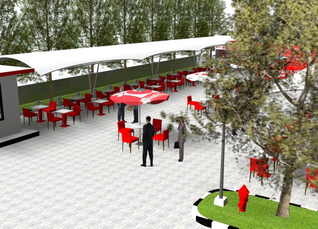Desain Cafe Outdoor dengan Branding Perusahaan - Desain Interior Semarang