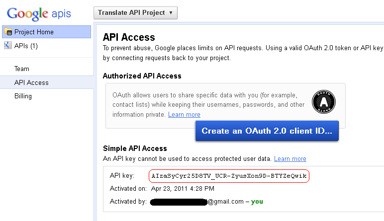 Google apis services. Google Translator API Key.