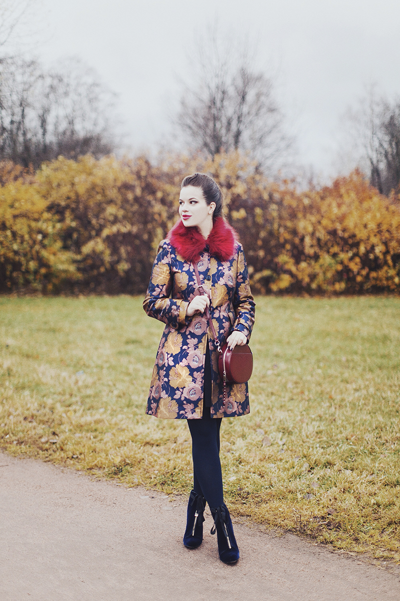 ASOS Dolly Coat in Floral with Faux Fur Collar