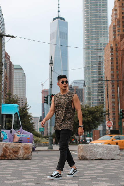 Leo Chan, Levitate Style, wearing Camo Shirt and Black Jeans in NYC | Asian Model, Asian Blogger