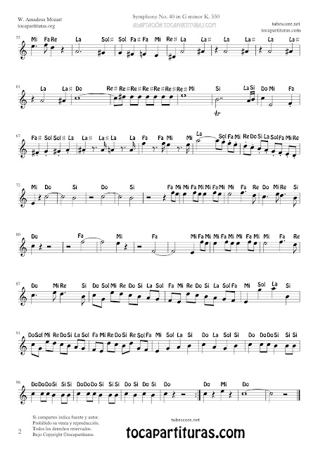 2  Symphony 40º in G Menor k 500 by Mozart Spanish Notes Sheet Music for Treble Clefl Partituras con Notas Sinfonía Nº 40 - Spartiti - Noten - Partiture