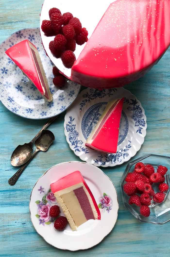 Delicious Honey, Raspberry and White Chocolate Bavarois entremet photo