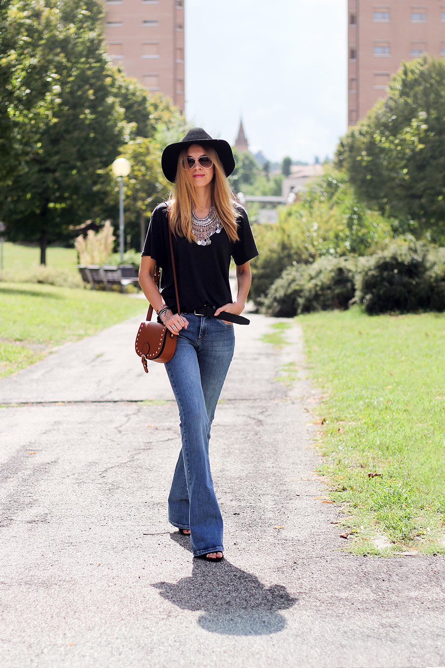 flare jeans, bohemian statement necklace, fashion blog, street style