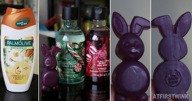 Palmolive naturals shower gel camelia oil and almond the body shop peppermint candy cane berry bon bon frosted plum bunny soap