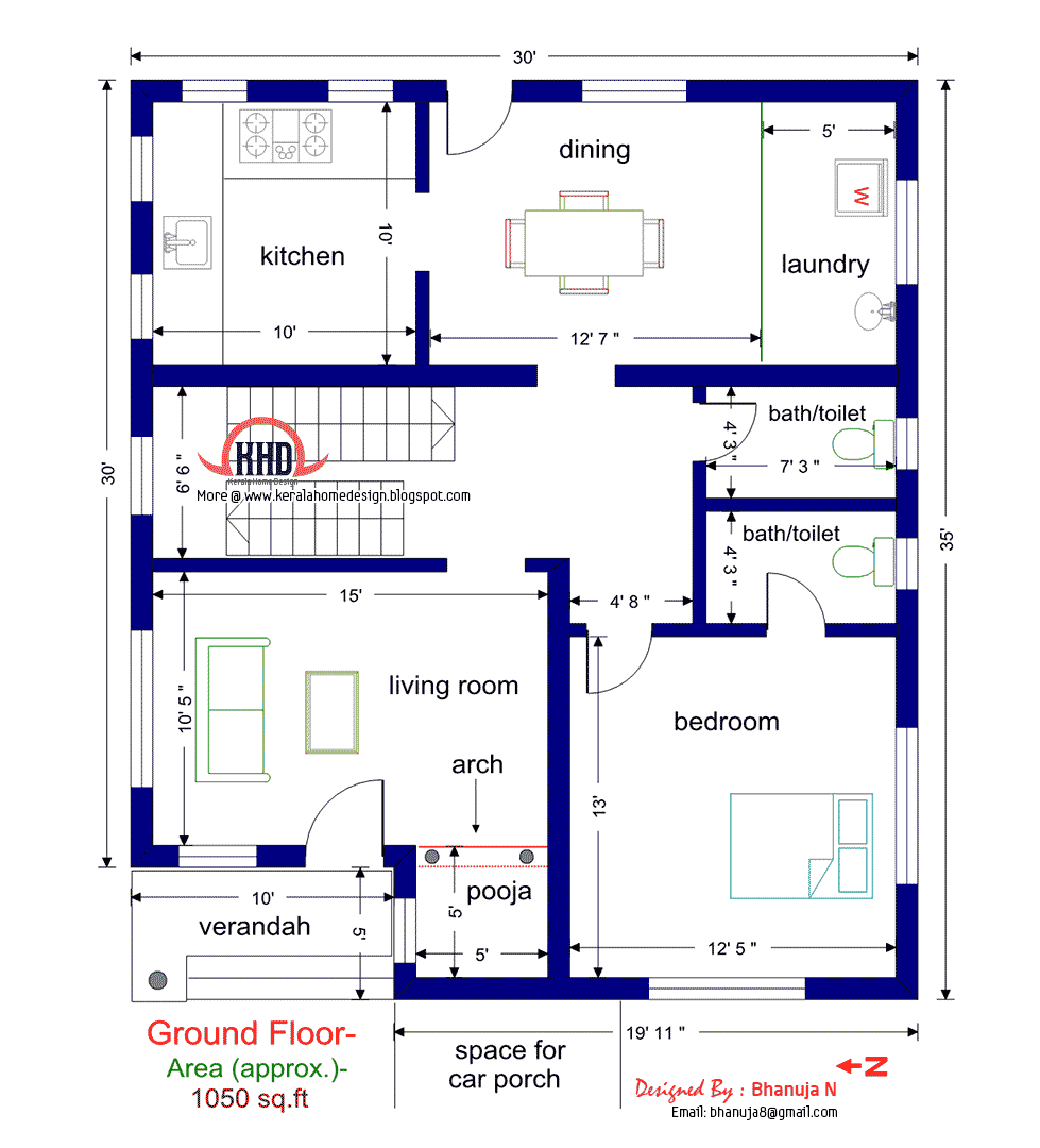 Floor plan and elevation of 1925 sq.feet villa - Kerala home design and