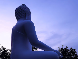Evening Light Big White Buddha Statue At Brahmavihara Arama Monastery, North Bali, Indonesia