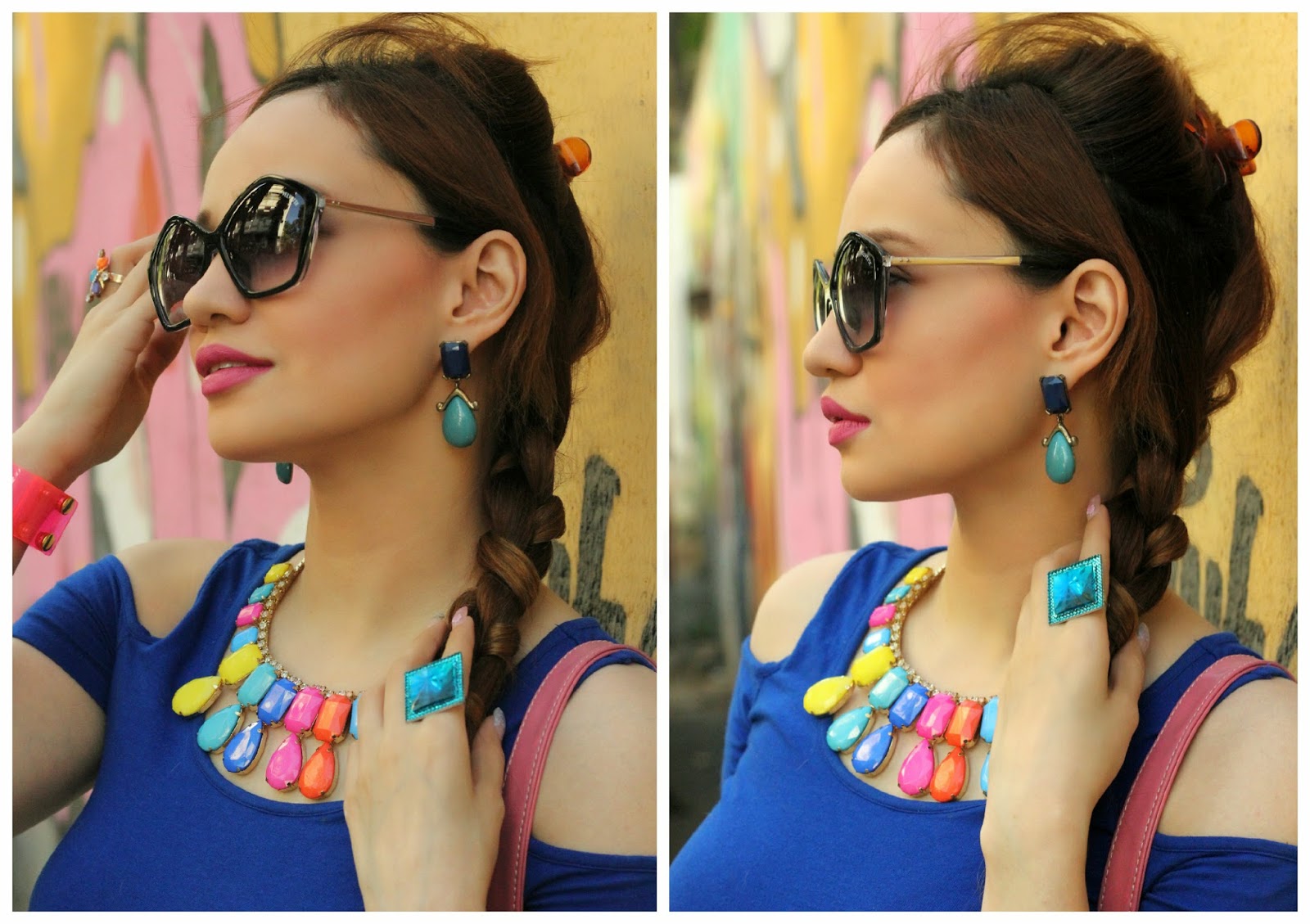Multi-coloured Necklace, Blue Ring & Blue Earrings