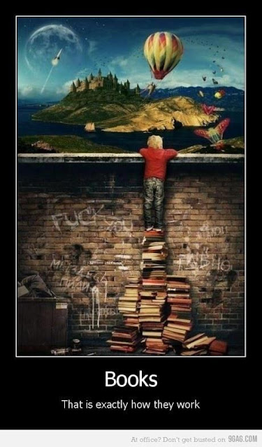 child standing on a pile of books to see over a brick wall to the worlds beyond