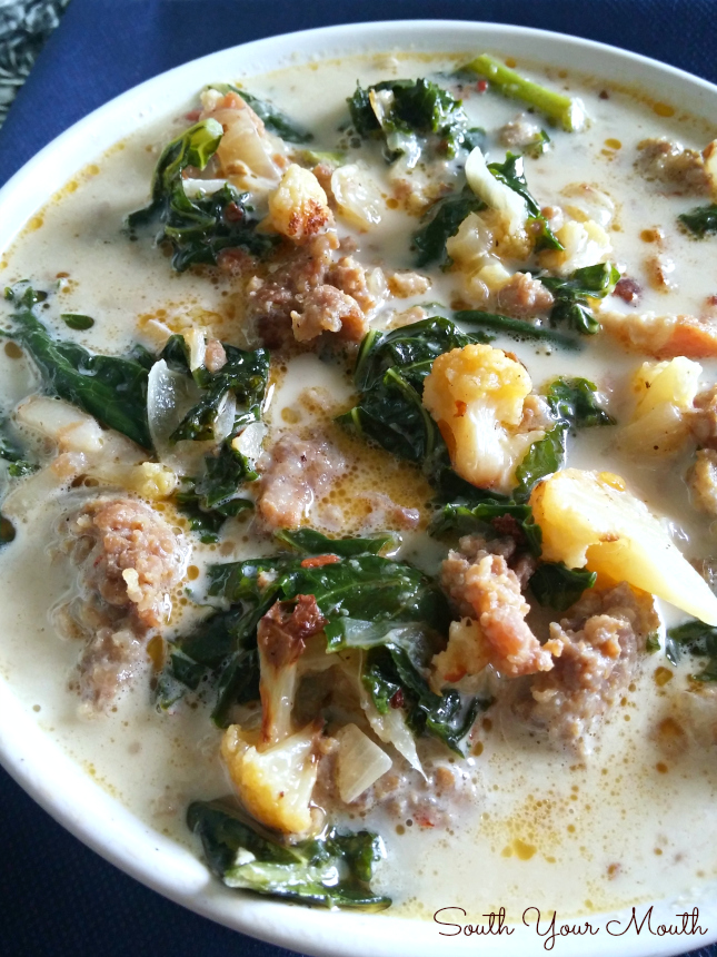 Low Carb Zuppa Toscana! Made with roasted cauliflower instead of potatoes. This soup has ALL the flavor of the Olive Garden hit recipe! Post also includes the traditional recipe with potatoes. 