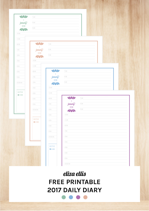 Free Printable 2017 Planner Covers, Annual Calendars, Monthly Calendars, Weekly Diaries and Daily Diaries // by Eliza Ellis. Available in Peach, Orchid, Hemlock Green and Placid Blue and in Monday and Sunday week start versions.