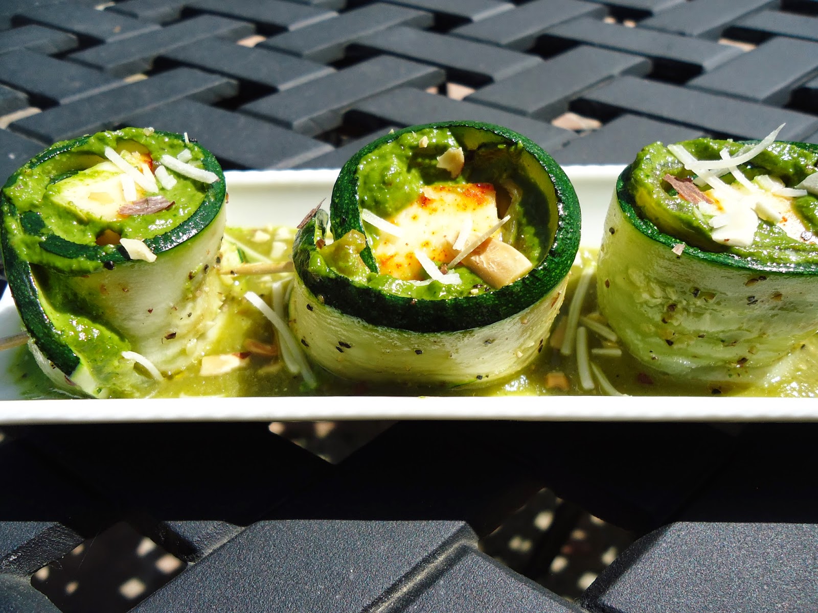 La Mexicanita Kitchen Spicy Zucchini served on Chile Verde Sauce