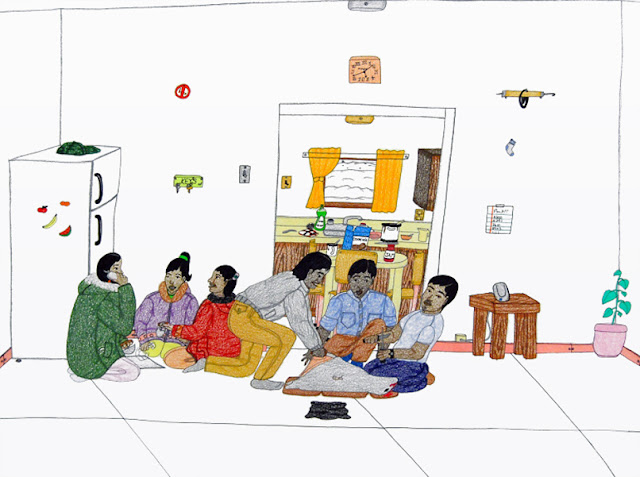 Annie Pootoogook, “Three Men Carving a Seal, Three Women Cleaning”, 2006 © Annie Pootoogook