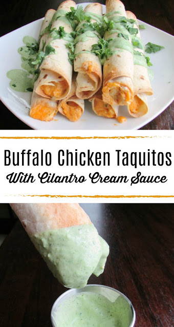 These creamy, cheesy buffalo chicken taquitos have just enough kick. They are wrapped in a crunch shell that crisps up in the oven, no frying required. The cilantro cream sauce takes them to the next level! These creamy, cheesy buffalo chicken taquitos have just enough kick. They are wrapped in a crunch shell that crisps up in the oven, no frying required. The cilantro cream sauce takes them to the next level!