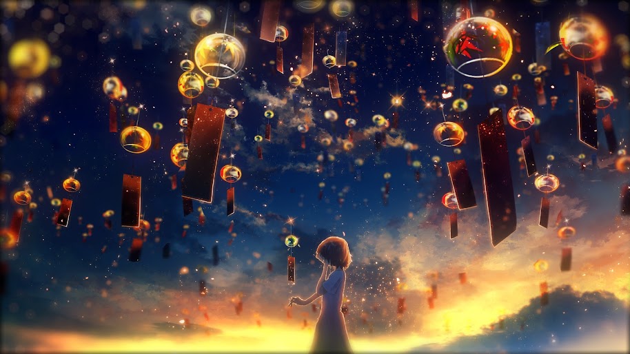 Anime, Girl, Crying, Sunset, Sky Lantern, 4K, #155