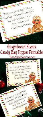 Send some love to your Christmas list with a bag of Gingerbread kisses.  The candy bag topper printable is a fun way to give a bag of Hershey kisses with a smile and some love.  This is an original poem and printable by KandyKreations.