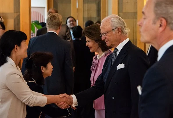 King Carl XVI Gustaf, Queen Silvia, Prime Minister Shinzo Abe and his wife Akie Abe at Akasaka Palace. Queen Silvia and Japanese Princess Takamado