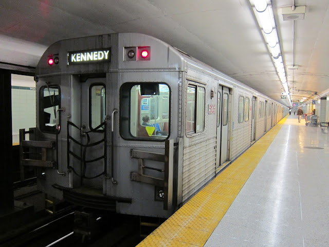Subway train at the platform at Woodbine station