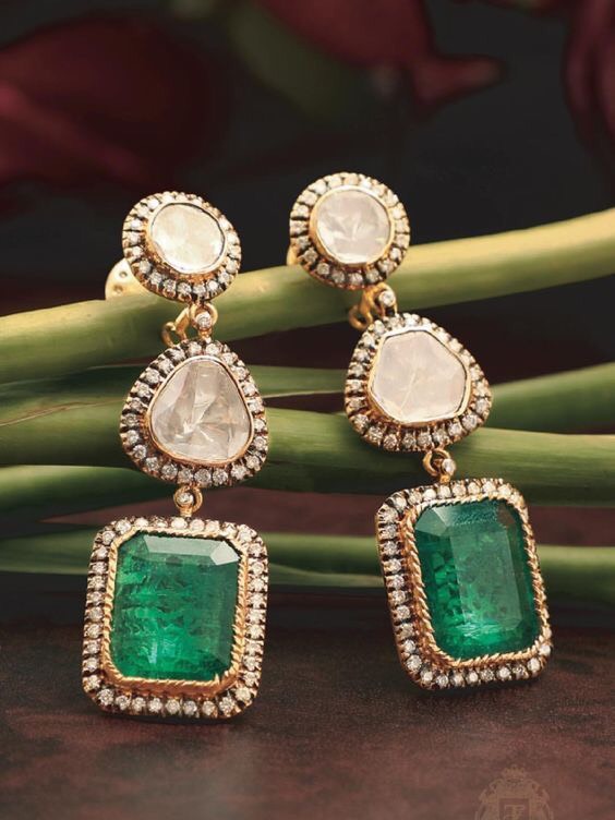 Emerald Diamond Set Large Earrings Jewellery Designs