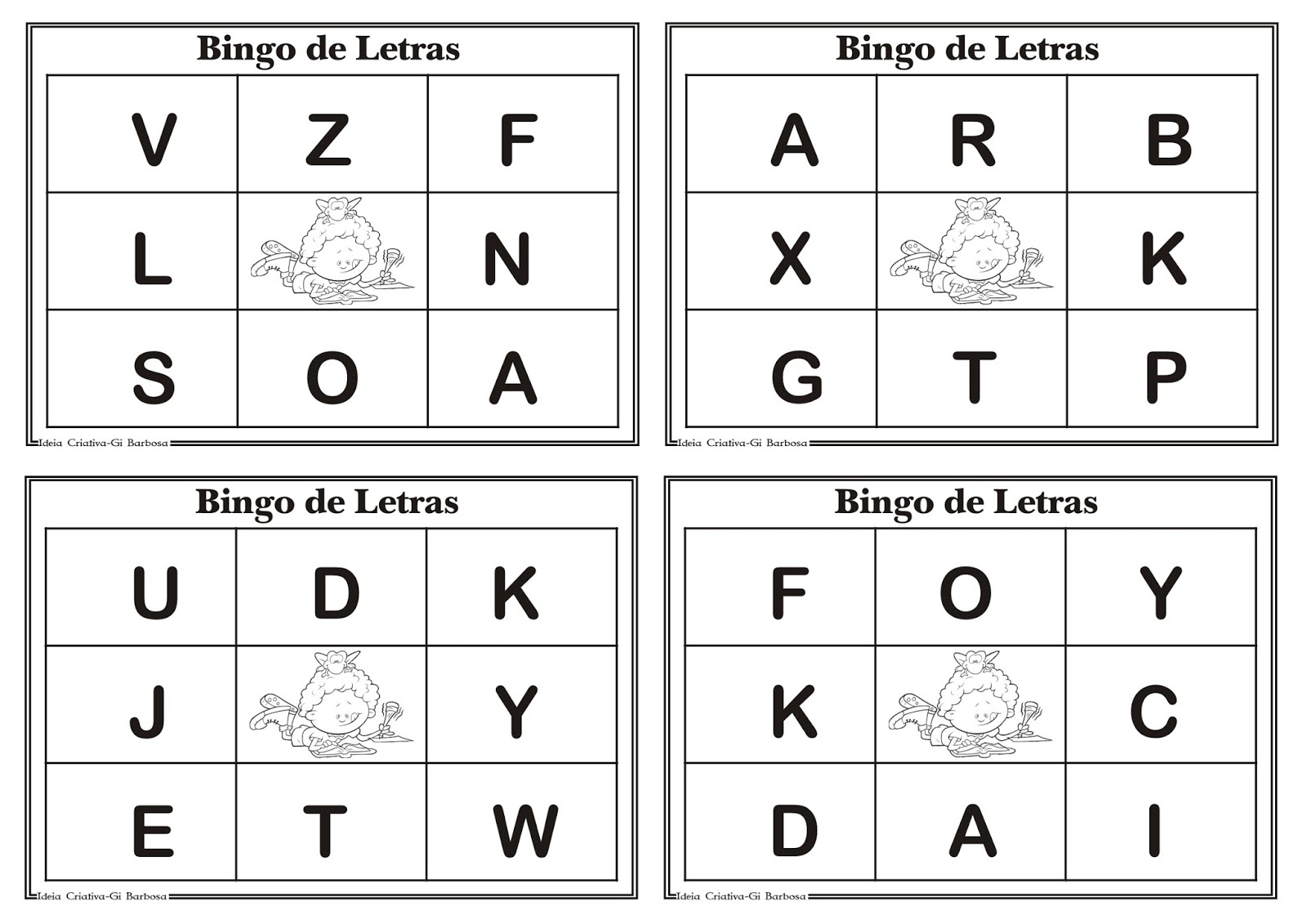 Cartelas para Bingo de Letras Educação Infantil