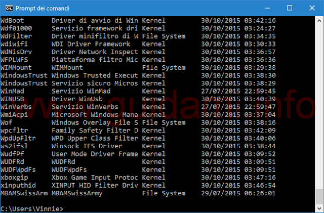 Lista driver installati in Windows 10