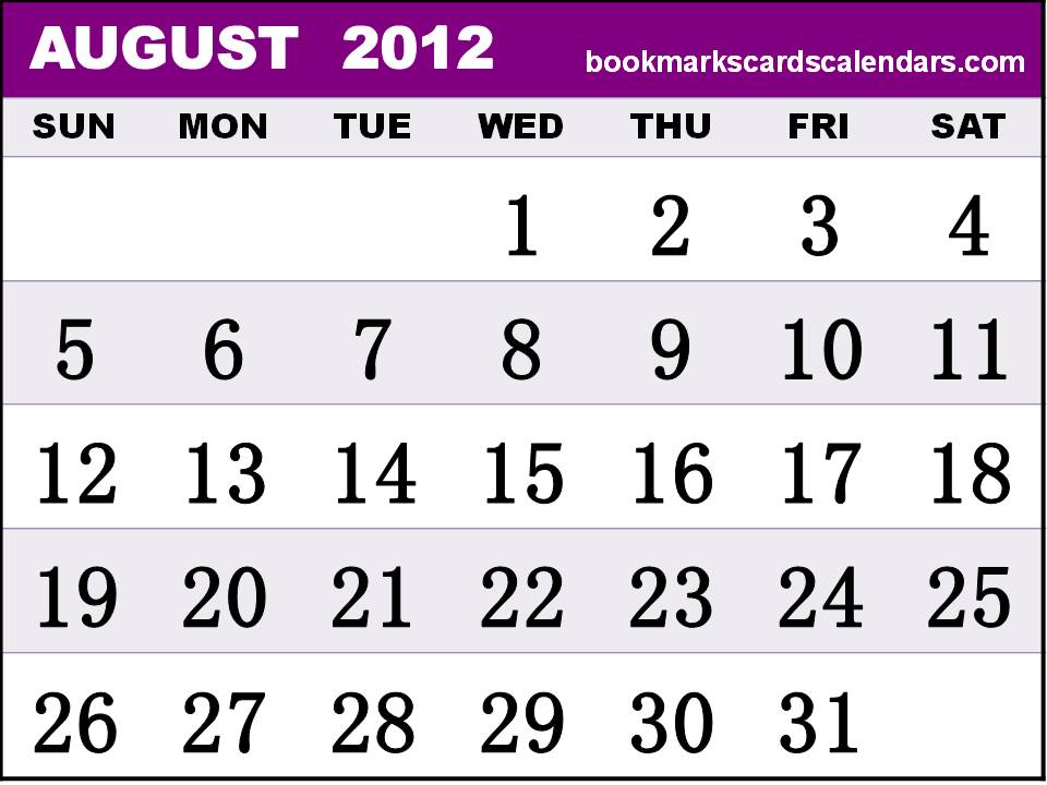 Free Calendars 2015, Bookmarks, Cards: 2012 August Calendar printable - 3